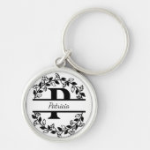 Porte-clés Modern Black Floral Wreath Split Monogram "P" (Devant)