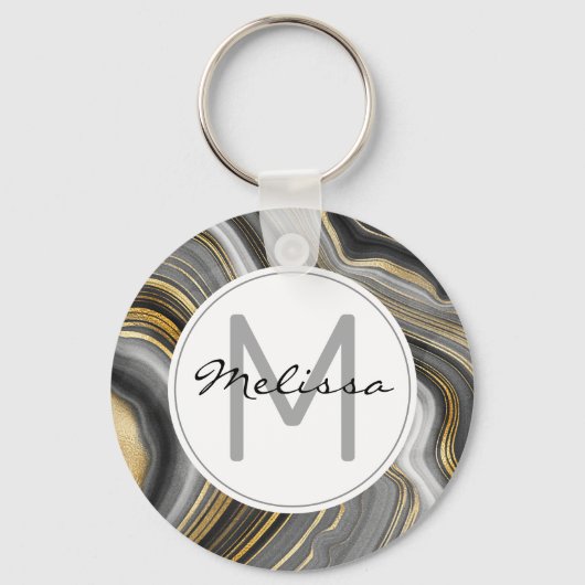 Porte-clés Modern Gold & Gray Agate Geode Mineral Monogram (Recto)