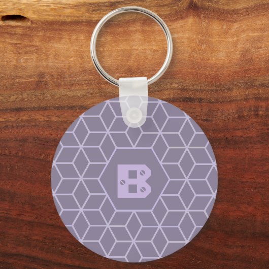 Porte-clés Modern Purple Geometric Cubes Pattern Monogram (Verso)