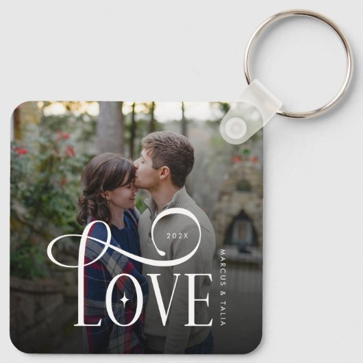 Porte-clés Modern Script Love Custom Engaged Couples Photo (Dos)
