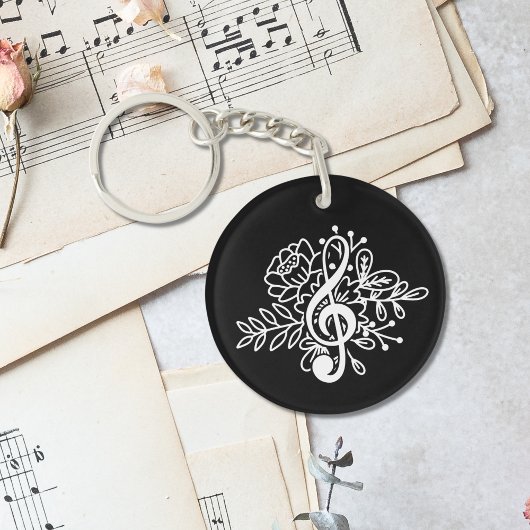 Porte-clés Moderne Black Floral Treble Clef Music