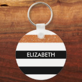 Porte-clés Moderne Black Stripes FAUX Orange Glitz et nom (Recto)