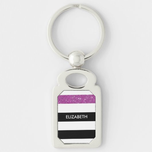 Porte-clés Moderne Black Stripes FAUX Purple Glitz et nom (Devant)