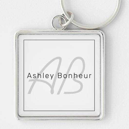Porte-clés Moderne Blanc Gris & Noir | Nom Cool & Monogramme (Devant)