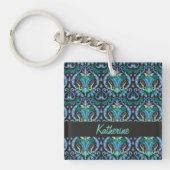 Porte-clés Moderne Damask Art Déco Noir Turquoise Bleu Nom (Devant)