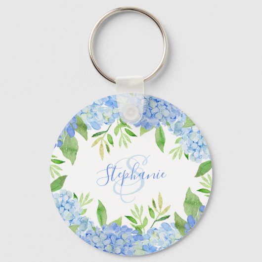 Porte-clés Moderne Floral bleu Hydrangée Aquarelle Monogramme (Recto)