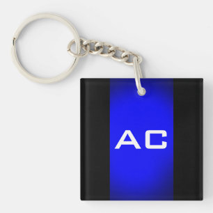Porte-clés Moderne Monogramme Bleu Plaine Noire