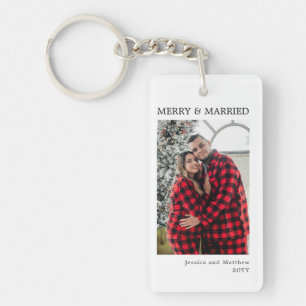 Porte-clés Moderne Photo Rouge Noir Gingham Joyeux et Marié