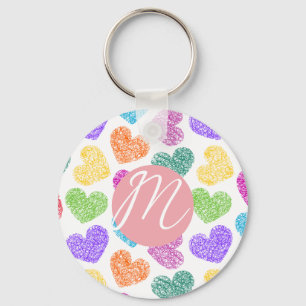 Porte-clés Moderne Vibrant Rainbow Doodle Hearts Monogramme