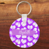 Porte-clés Moderne violet blanc Doodé Coeur Valentine Nom (Recto)