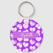 Porte-clés Moderne violet blanc Doodé Coeur Valentine Nom (Verso)