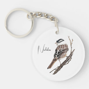 Porte-clés Moineau à couronne blanche aquarelle personnalisée