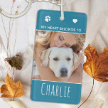 Porte-clés Mon Coeur Appartient À Photo Turquoise Chien Maman<br><div class="desc">Emportez votre animal de compagnie partout où vous allez avec ce porte - clé photo personnalisé pour animaux de compagnie! Un must pour chaque amoureux des chiens, chien maman et chien papa! Citation : Mon Coeur Appartient À ... Personnalisez avec les photos et le nom préférés de votre chien. DROIT...</div>