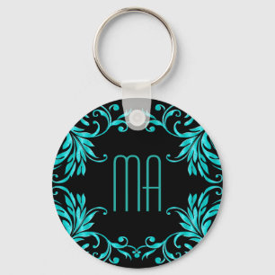 Porte-clés Monogram Aqua Blue Damask