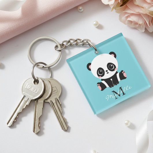 Porte-clés Monogram Cute Panda Personnalisé Bubble Gum Bleu