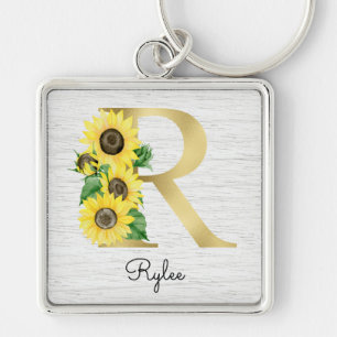 Porte-clés Monogram Gold Sunflower Girly Floral Initial R