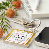 Porte-clés Monogram Initial "M" Floral - Pink Roses & Gold (Devant Droit)