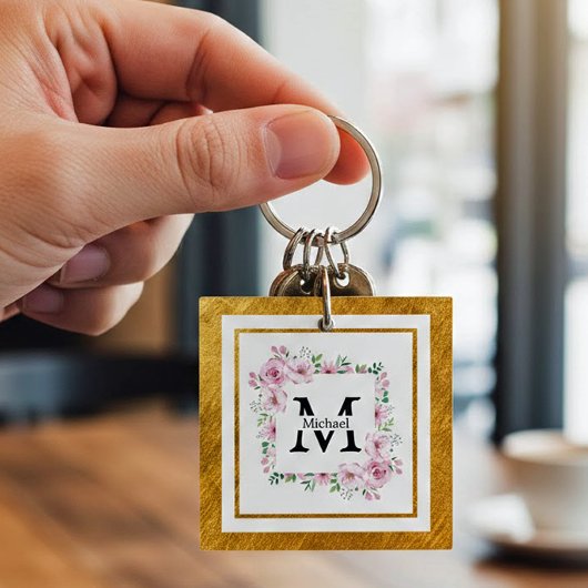 Porte-clés Monogram Initial "M" Floral - Pink Roses & Gold
