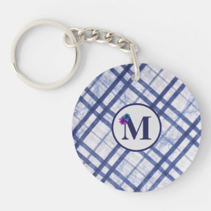 Porte-clés monogrammé à carreaux bleu-gris classiq