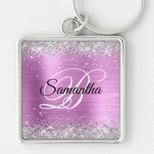 Porte-clés Monogramme à huile rose Parties scintillant argent