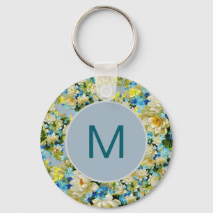 Porte-clés Monogramme à motif floral vintage jaune et bleu