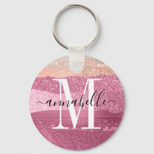Porte-clés Monogramme à Parties scintillant brossée rose méta