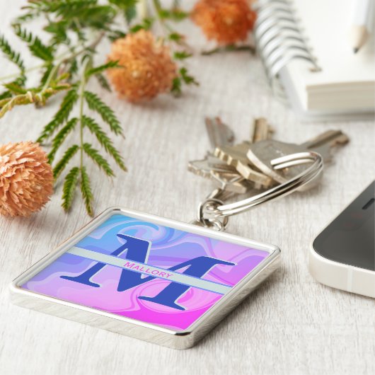 Porte-clés Monogramme à spirale violette mou Nom moderne init (Côté)