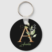 Porte-clés Monogramme A vert eucalyptus faux feuille or noir  (Recto)