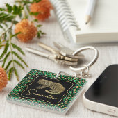 Porte-clés Monogramme Animalier Or Imprimé Léopard Vert Luxe (Devant Droit)