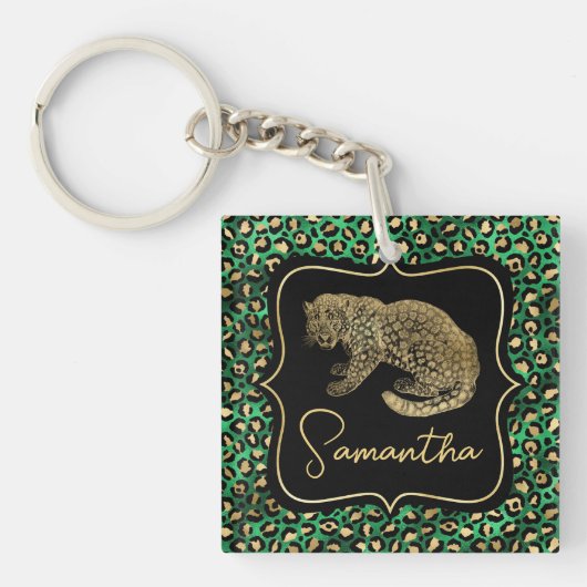 Porte-clés Monogramme Animalier Or Imprimé Léopard Vert Luxe (Devant)