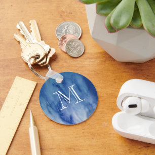 Porte-clés Monogramme Aquarelle Bleue Texture Peinture Abstra