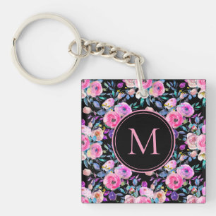 Porte-clés Monogramme Aquarelle Pink Black Floral Porte - cl