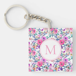 Porte-clés Monogramme Aquarelle rose Floral Porte - clé