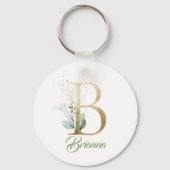 Porte-clés Monogramme B vert eucalyptus faux feuille d'or (Recto)