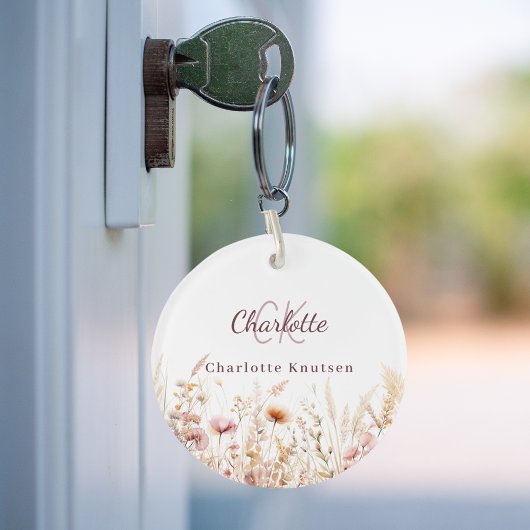 Porte-clés monogramme beige rose fleur sauvage