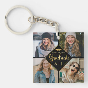 Porte-clés Monogramme Black Gold Photo Collage Graduation