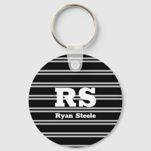 Porte-clés Monogramme blanc gras & nom, lignes gris clair sur