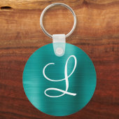 Porte-clés Monogramme blanc Turquoise en métal brossé chic (Recto)