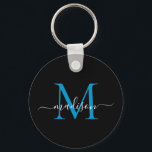 Porte-clés Monogramme bleu noir Nom Élégant Script moderne<br><div class="desc">Simple Black Ocean Blue Monogram Élégant Porte - clé de script moderne</div>