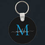 Porte-clés Monogramme bleu noir Nom Élégant Script moderne<br><div class="desc">Simple Black Ocean Blue Monogram Élégant Porte - clé de script moderne</div>