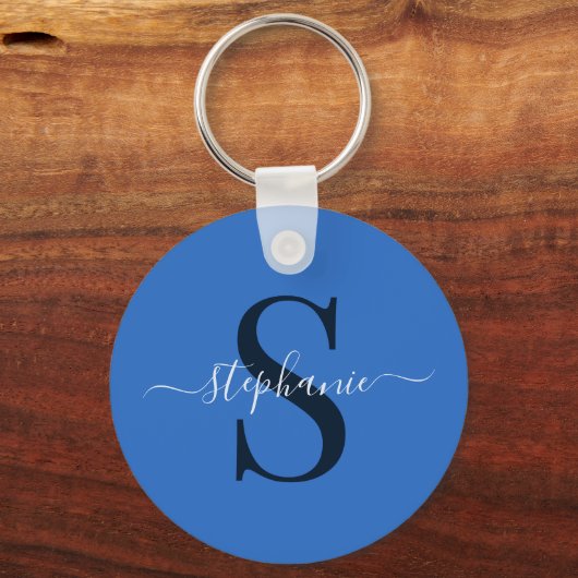 Porte-clés Monogramme bleu simple et élégant Premier nom init (Verso)