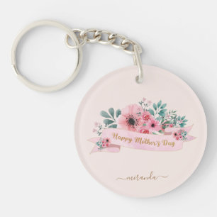 Porte-clés Monogramme Bonne fête des mères rose florale