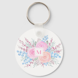 Porte-clés Monogramme Bouquet d'aquarelle Roses roses Bleues