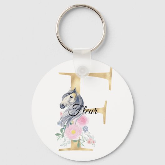 Porte-clés Monogramme cheval mignon floral girly équestre nom (Recto)
