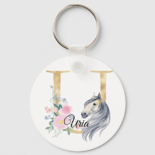 Porte-clés Monogramme cheval mignon floral girly équestre nom