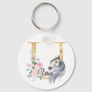 Porte-clés Monogramme cheval mignon floral girly équestre nom
