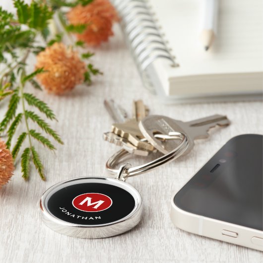 Porte-clés Monogramme classique minimal noir rouge (Côté)