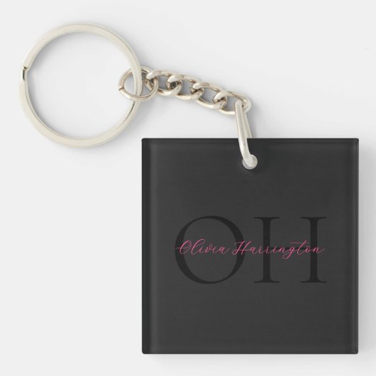 Porte-clés Monogramme classique moderne noir et rose (Devant)