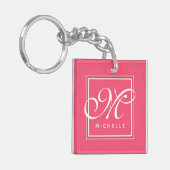 Porte-clés Monogramme classique rose chaud et blanc (Devant gauche)