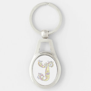 Porte-clés Monogramme coeurs fleurs lettre initiale J keyring